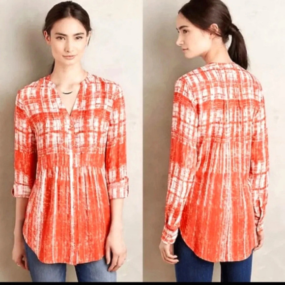 Anthropologie Maeve Orange Printed Button Down, Sz 12 - Picture 1 of 9